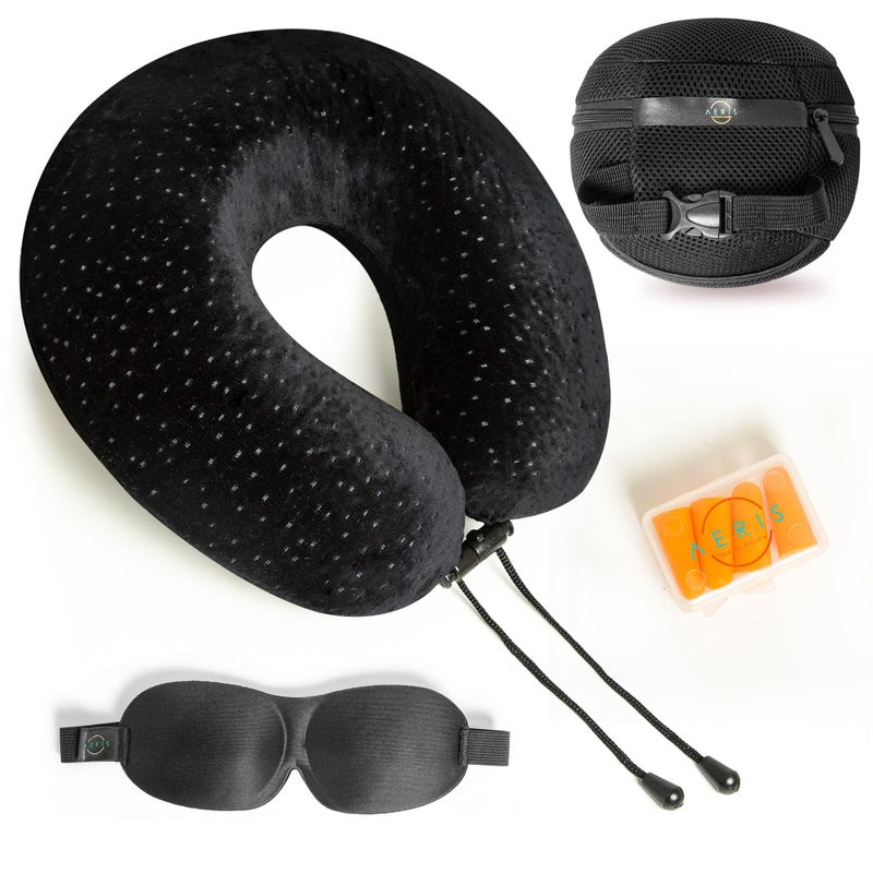 Aeris Memory Foam Travel Pillow for Airplanes - Best Airplane Neck Pillow for Long Flights - Plane Accessories Carry Bag to Save Space, Ear Plugs and Eye Mask - Perfect Flight Set & Gift - Image 1